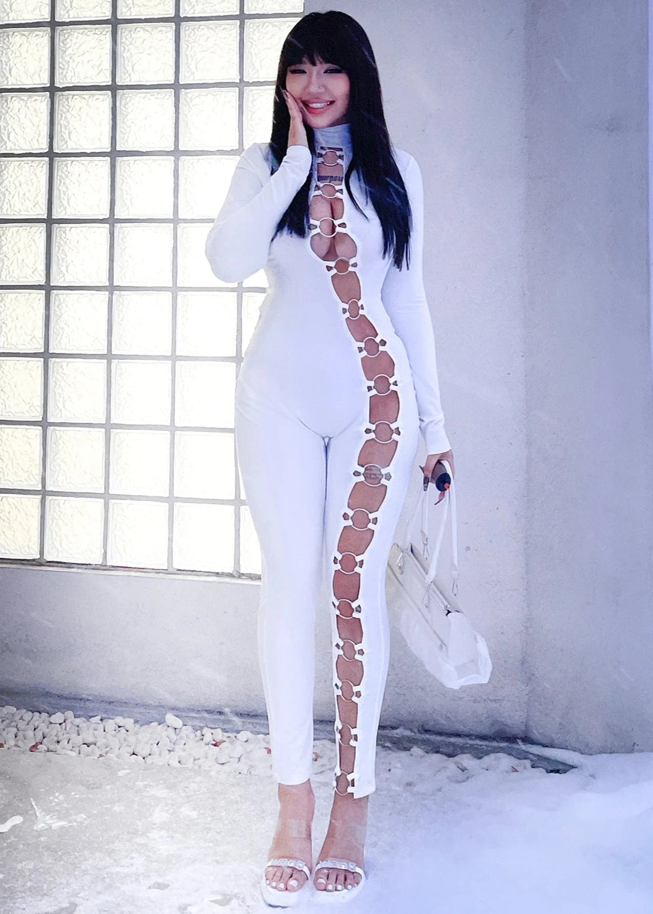 Teonclothingshop Women's tight solid-color jumpsuit with stand-up collar and decoration