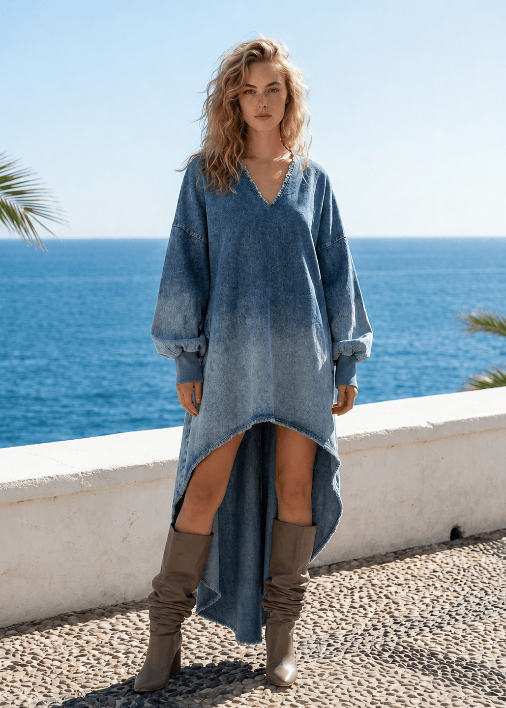 A woman stands outdoors by the ocean wearing a loose, long-sleeve high-low denim dress in faded blue with brown slouchy boots. The background shows a white wall, blue sea, and clear sky.