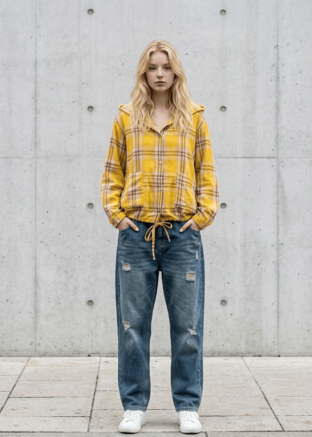 Person wearing a yellow plaid shirt and blue jeans standing against a gray concrete wall with 'arvin' branding.