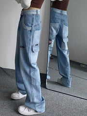 Teonclothingshop Women's Vintage Street Wide Leg Blue Cargo Jeans High Waist Straight Wide Leg Pants,HIP HOP