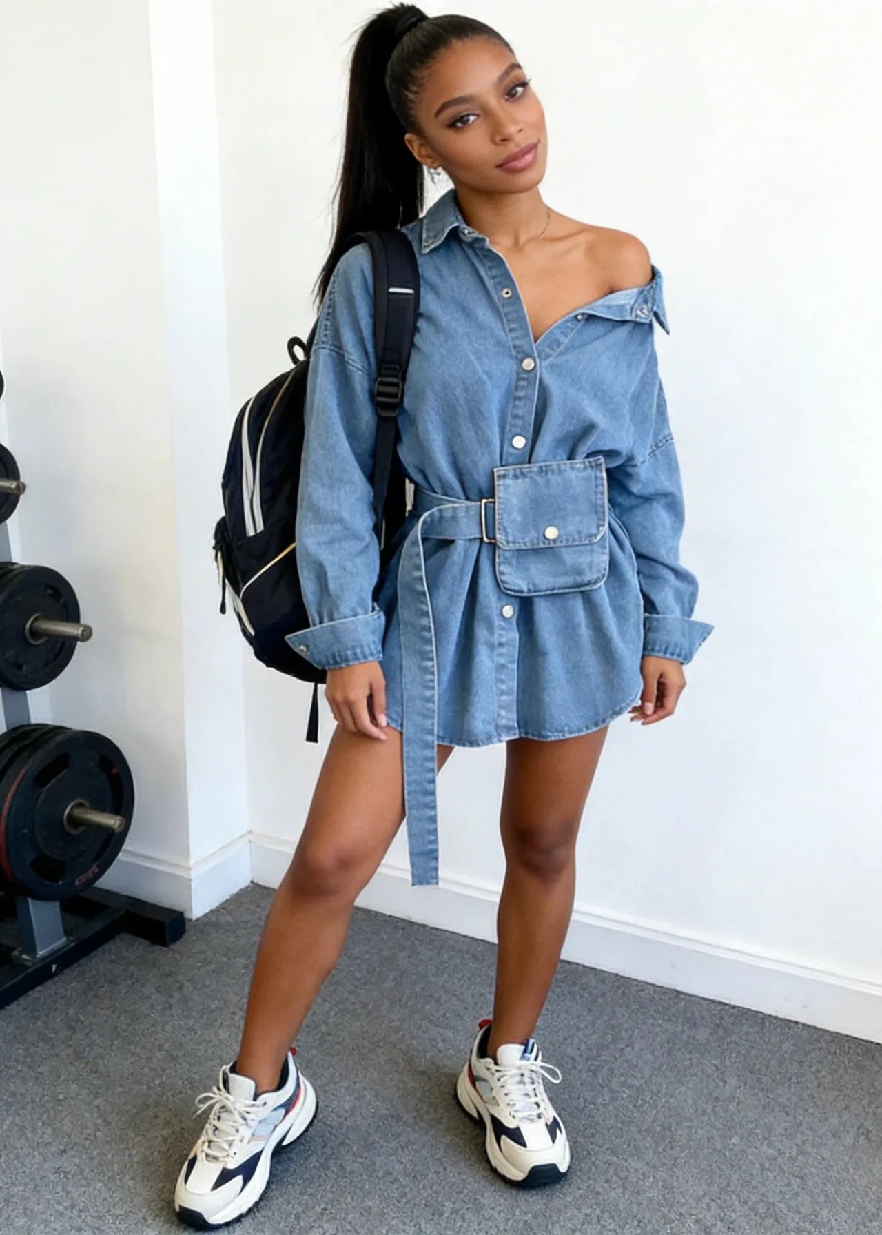 Woman in a denim dress standing in a room with exercise equipment.