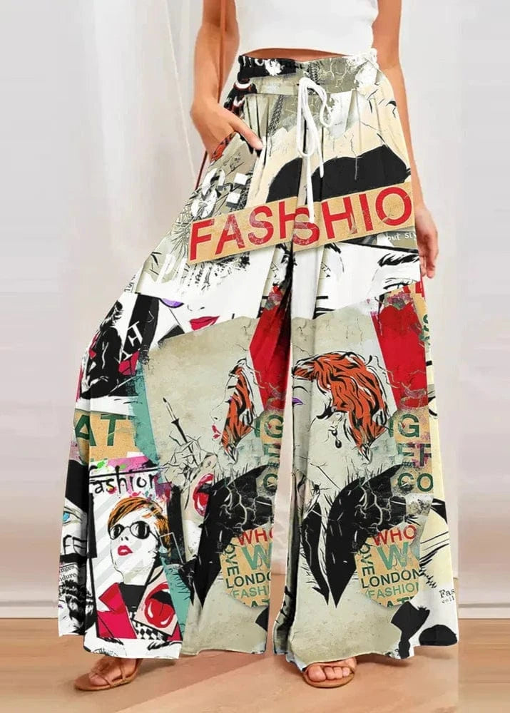 Colorful wide-leg pants with fashion-themed design worn by a person.