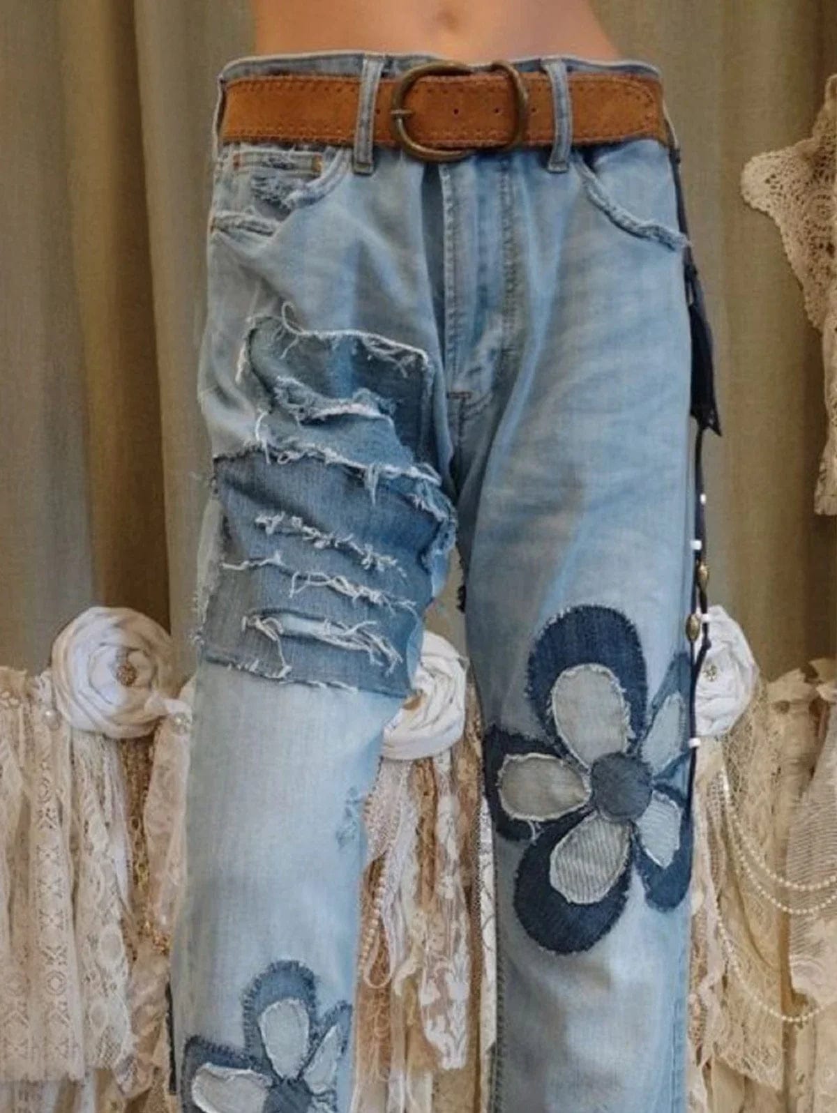 Teonclothingshop Women's wide-leg ripped jeans with a floral pattern