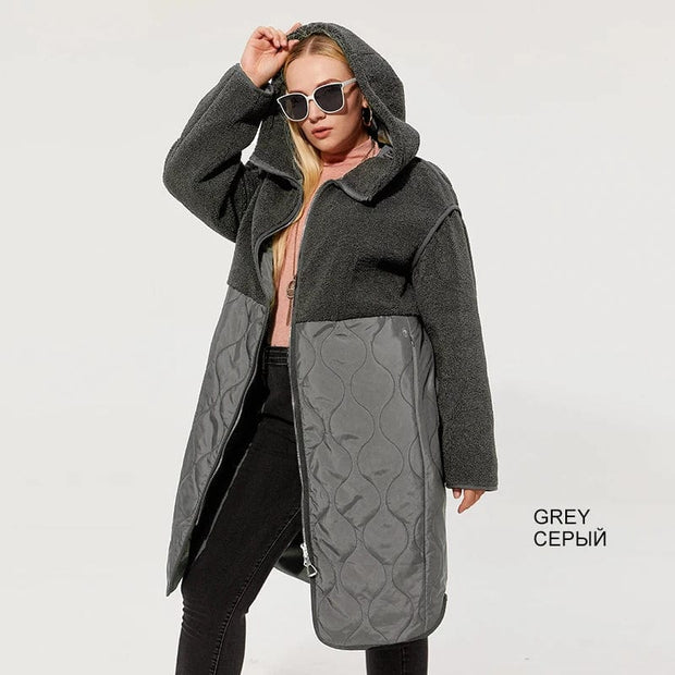Teonclothingshop 816 gray / L / CHINA Women's winter coat made of faux fur with a hood