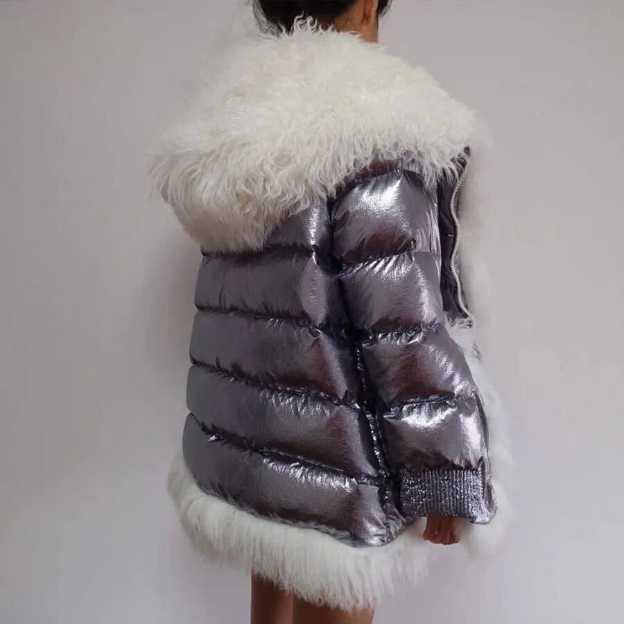 Teonclothingshop Women's winter natural jacket with real fur and feathers