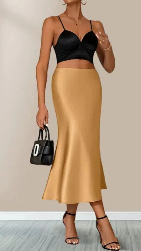 Teonclothingshop Women Satin Solid Pleated Midi Skirt