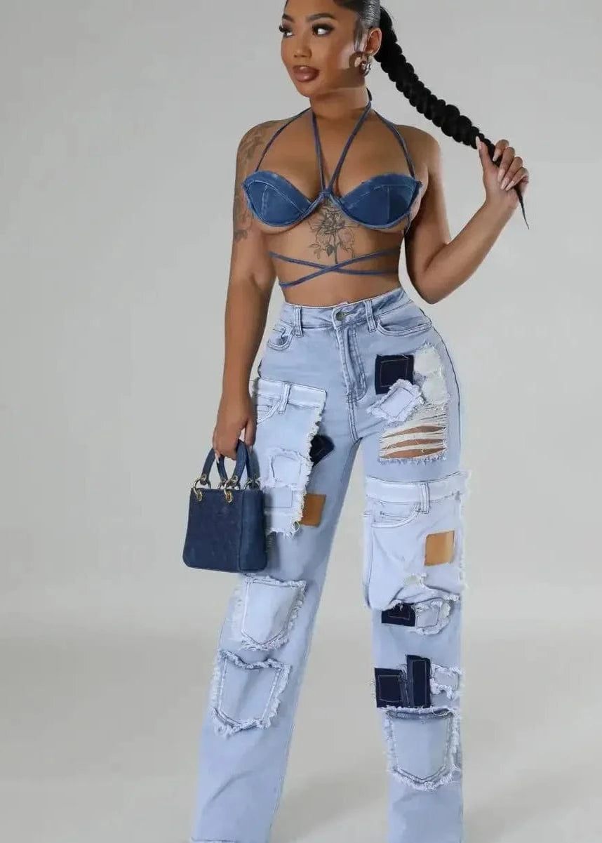 Women Streetwear Cargo Straight Denim Pants