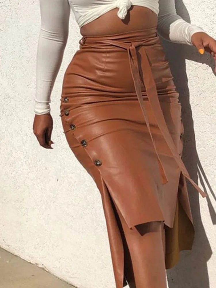 Teonclothingshop Women Trendy PU Leather Midi Skirt