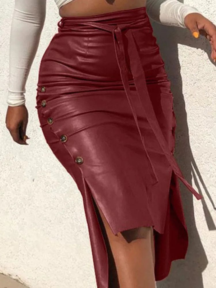 Teonclothingshop Women Trendy PU Leather Midi Skirt