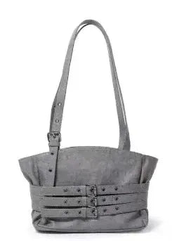 Gray handbag with decorative straps on a white background