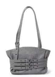 Gray handbag with decorative straps on a white background