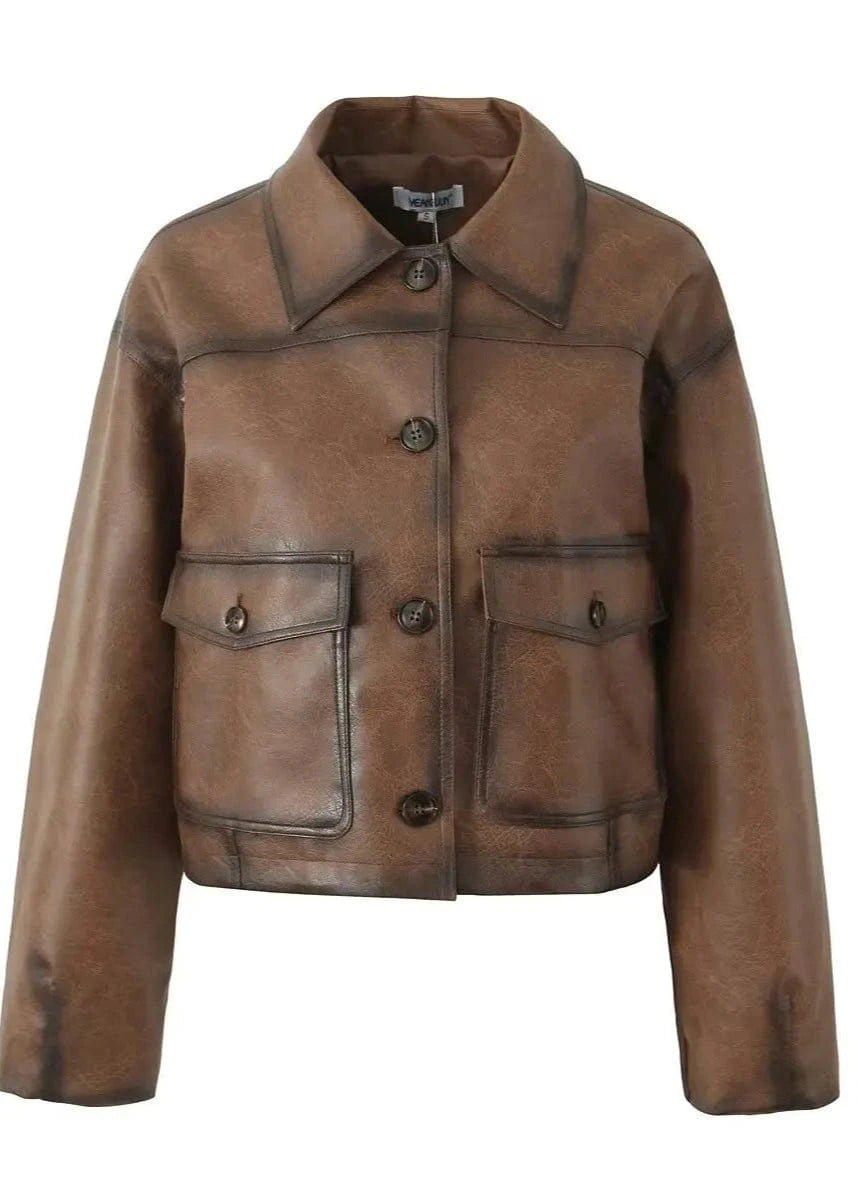 Women Vintage Gradient Brown PU Leather Jacket