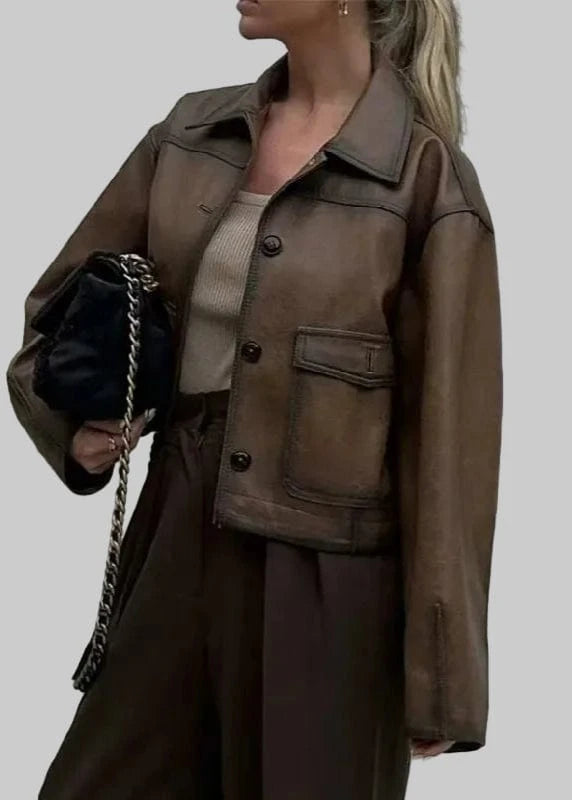Women Vintage Gradient Brown PU Leather Jacket