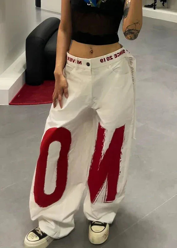 Women White Letter Print Baggy Jeans