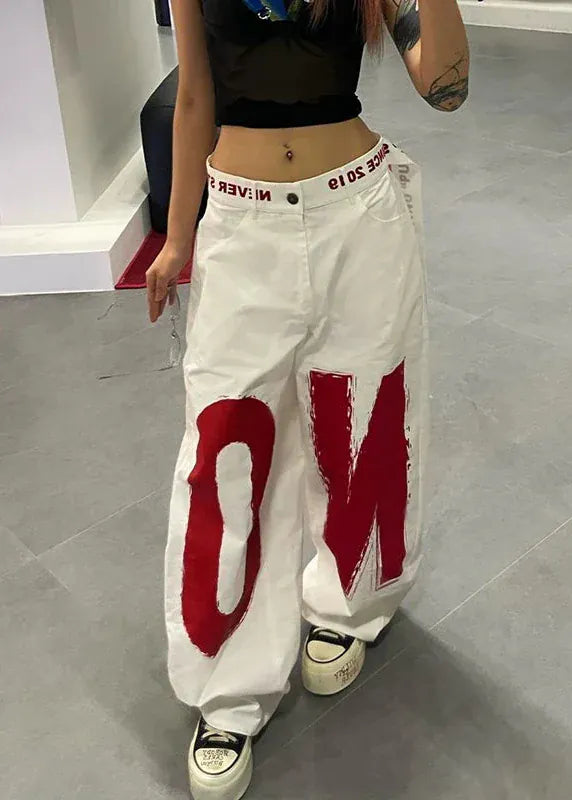 Women White Letter Print Baggy Jeans