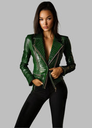 Model wearing a green crocodile-patterned leather jacket against a gray background